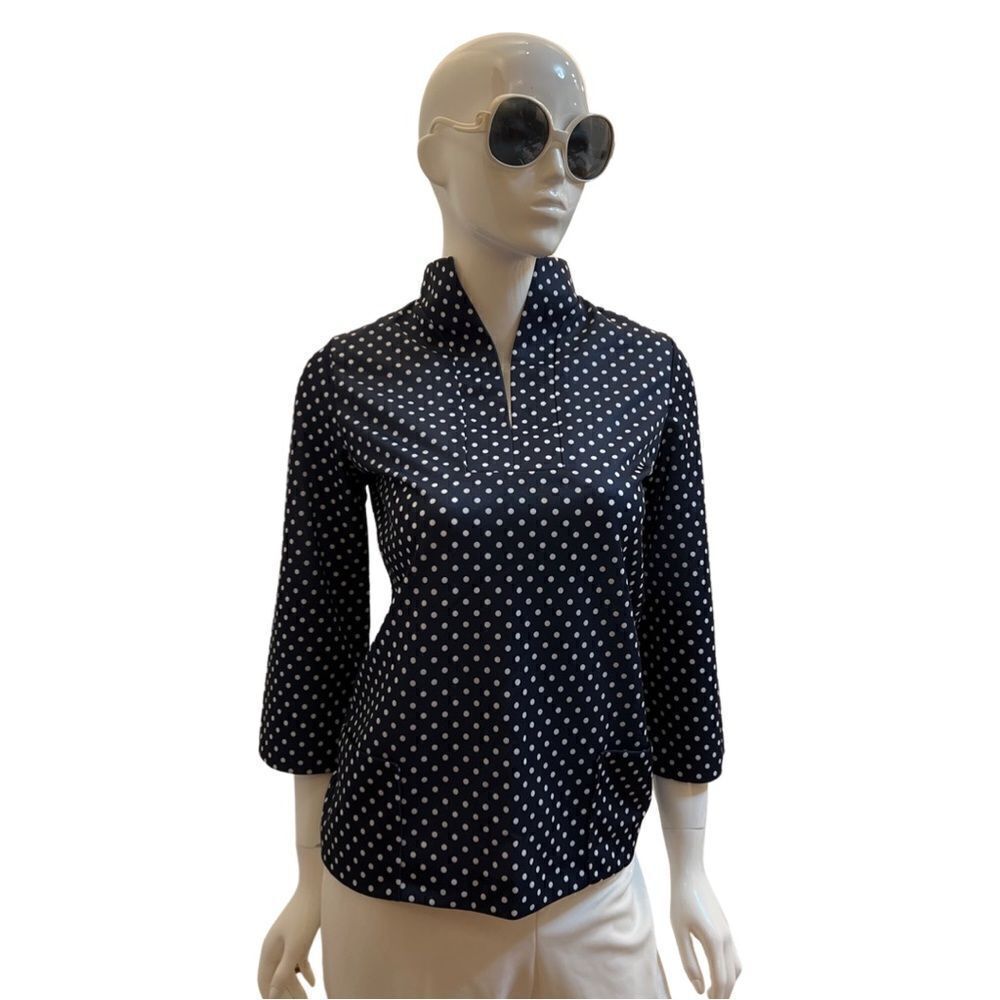 Vintage Handmade 1970s Navy Polka Dot Slit Neck 2 Pocket Popover Blouse - Picture 5 of 5